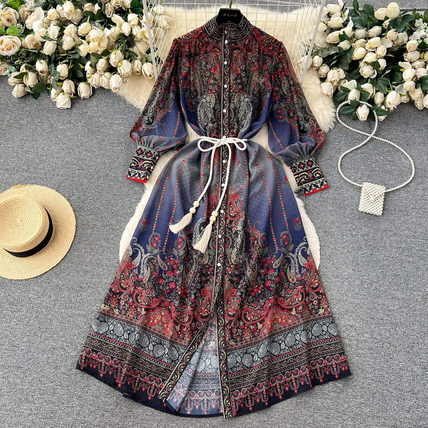 

Runway Vintage Print Casual Dress For Women Stand Collar Lantern Long Sleeve Lace Up Slim High Waist Long Dress Female N2343