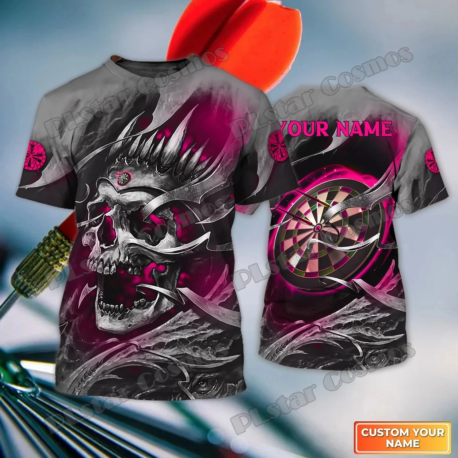 Personal isierte Name Schädel Darts cheibe mehrfarbig 3d gedruckt Männer T-Shirt Sommer Unisex lässig T-Shirt Geschenk für Darts pieler dw253 – Detail 10