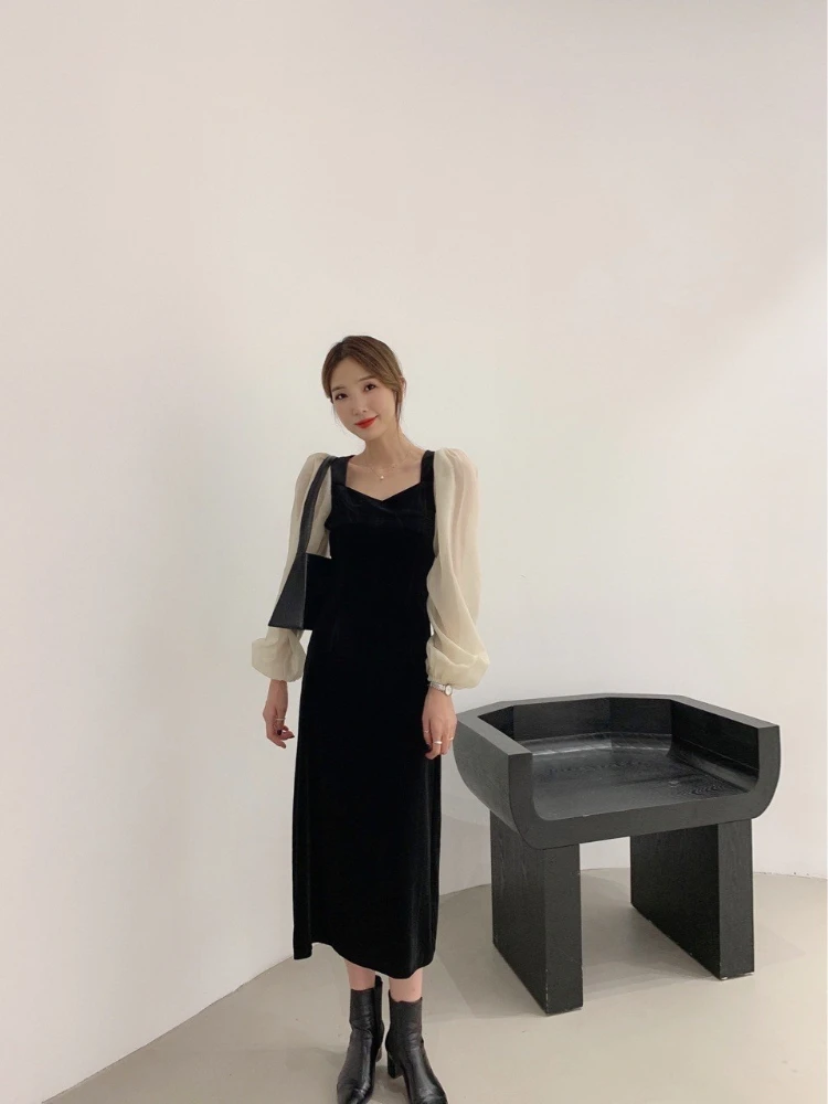 

Hepburn Gold Velvet Dress Women's Spring and Autumn French Puff Sleeves Waist Retro Temperament dresses