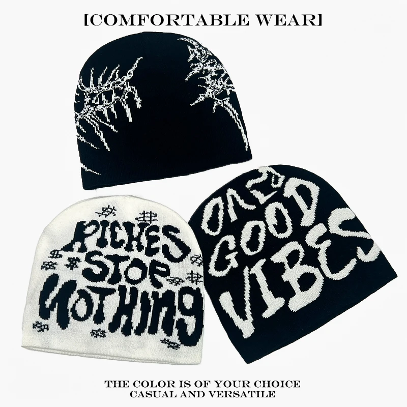 Warme persönliche Mode Hip-Hop-Mützen Straße vielseitige neue Männer Frauen dunklen Stil Jacquard Bio-Skelett-Buchstabe Strickmützen – Detail 6