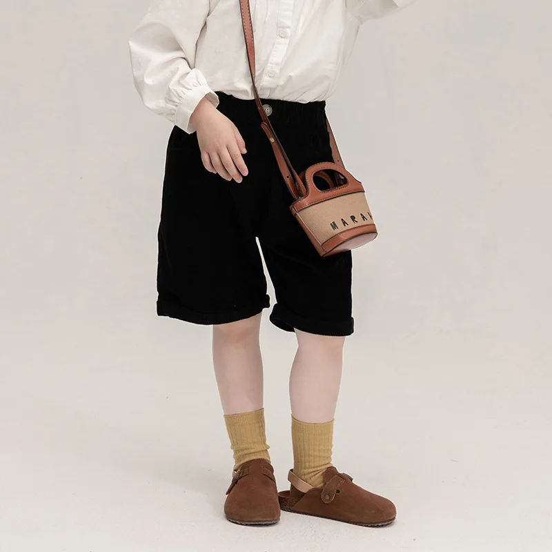 

2024 New Children's Pants One Button 5/4 Pants Versatile Shorts Small and Medium Sized Children Retro Striped Down Middle Pants