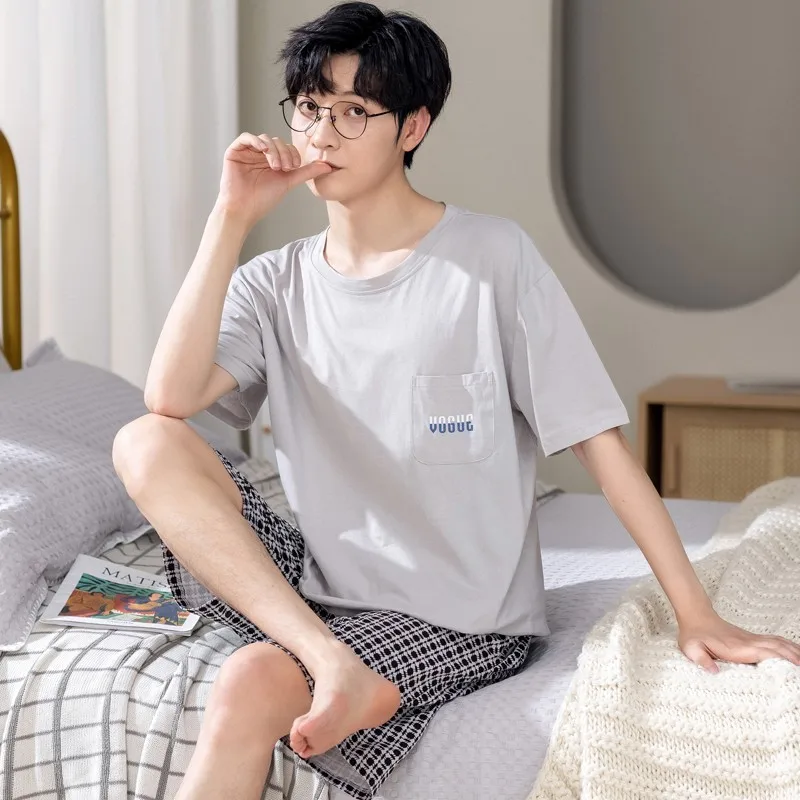 Pajamas Men Cotton Short-sleeved Summer Men Teen Homewear 2-Piece Suit Breathable Casual Loungewear Homme