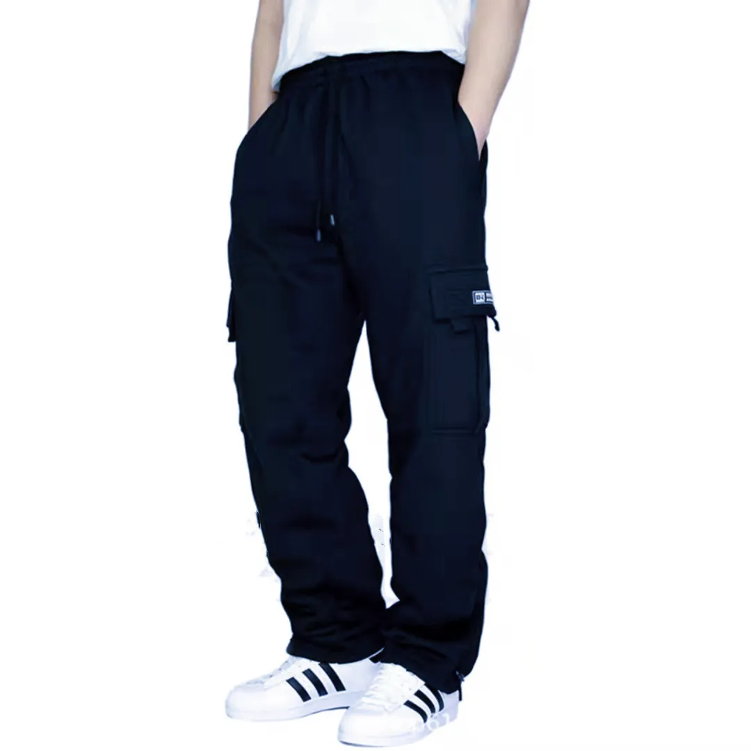 Autumn And Winter New Men Plus Thin Fleece Bunched Feet Tooling Casual Side Pocket Sports Fashion Straight Plus Size Pants 2