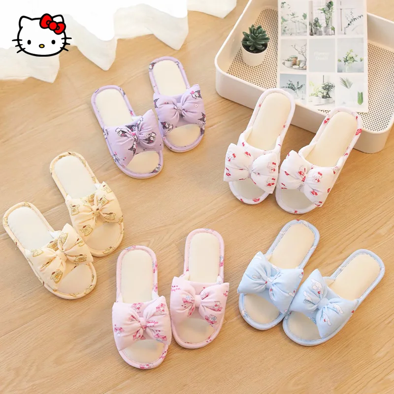 

Sanrio Kawaii Anime Hellokitty Slippers Kuromi Cinnamoroll Cute Bow Home Indoor Floor Slippers Home Open Toe Slippers Autumn New