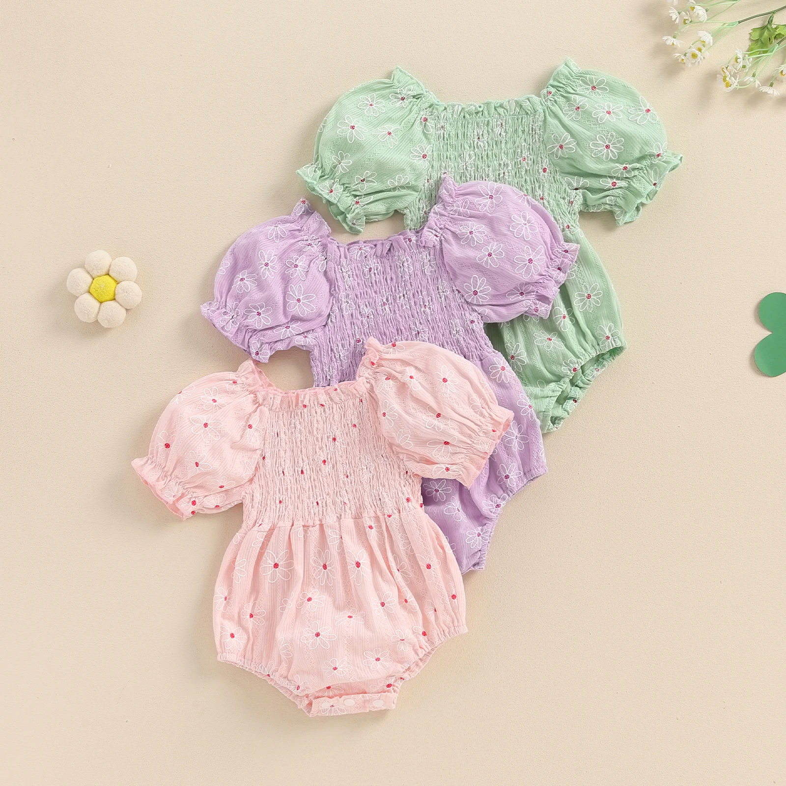 

Baby Girl Casual Romper Short Puff Sleeve Floral Print Smocked Bodysuit Newborn Playsuit Summer Clothes