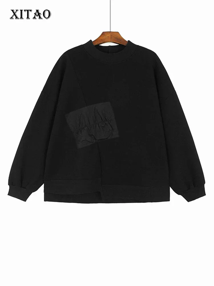 

XITAO Loose Folds Patchwork Sweatshirts Asymmetric Hem Casual All-match Women Winter New Trend Street Simplicity Top DMJ3584