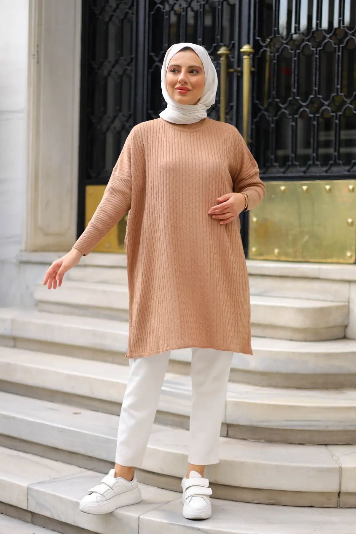

Women's Camel Hair Braided Half Fishermen Collar Knitwear Panço Sweater Tunic Straight Long Brown Hijab Blouse & Clothing