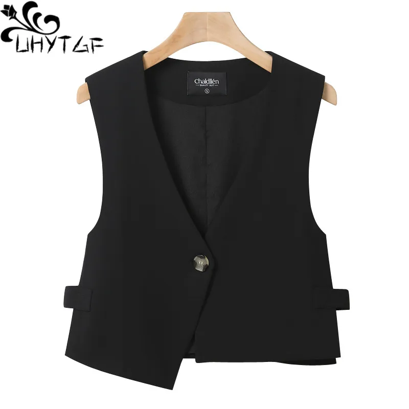 

Весна-Осень 2023, жилет UHYTGF, женская черная повседневная короткая куртка с V-образным вырезом, Женская корейская мода, безрукавка, женский жилет 343