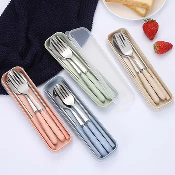 Ensemble de vaisselle en acier inoxydable, baguettes, fourchette, cuillère, couverts de voyage avec boîte, vaisselle à déjeuner, accessoires de cuisine, 3 pièces/ensemble