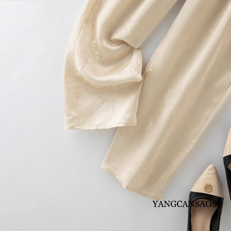 2024 Women's Fashion Summer New 100% Natural Mulberry Silk Jacquard Satin Champagne High Waist Draping Straight Casual Pants