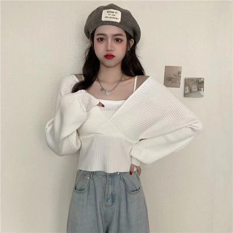 

Fashion Sexy Strap Knitted Women Sweaters Big Size Knit Pullover Autumn Long Sleeve White Sweater Elegant Ladies Pink Blusas XL