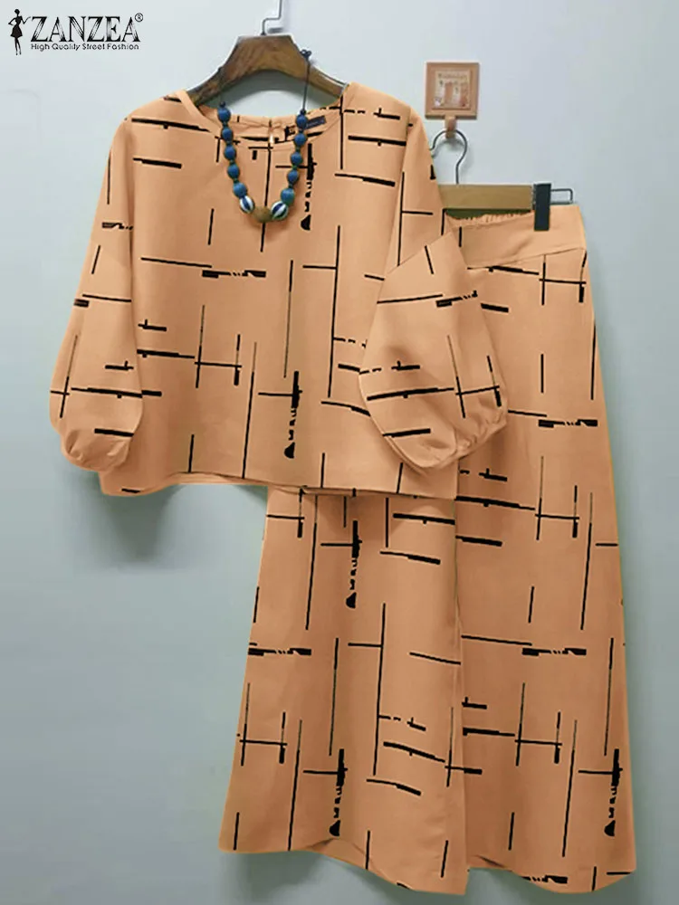 

ZANZEA Women Vintage Casual Work Tracksuit 2PCS Bohemian Floral Printed Matching Sets 3/4 Sleeve Blouse Wide Leg Pants Suits