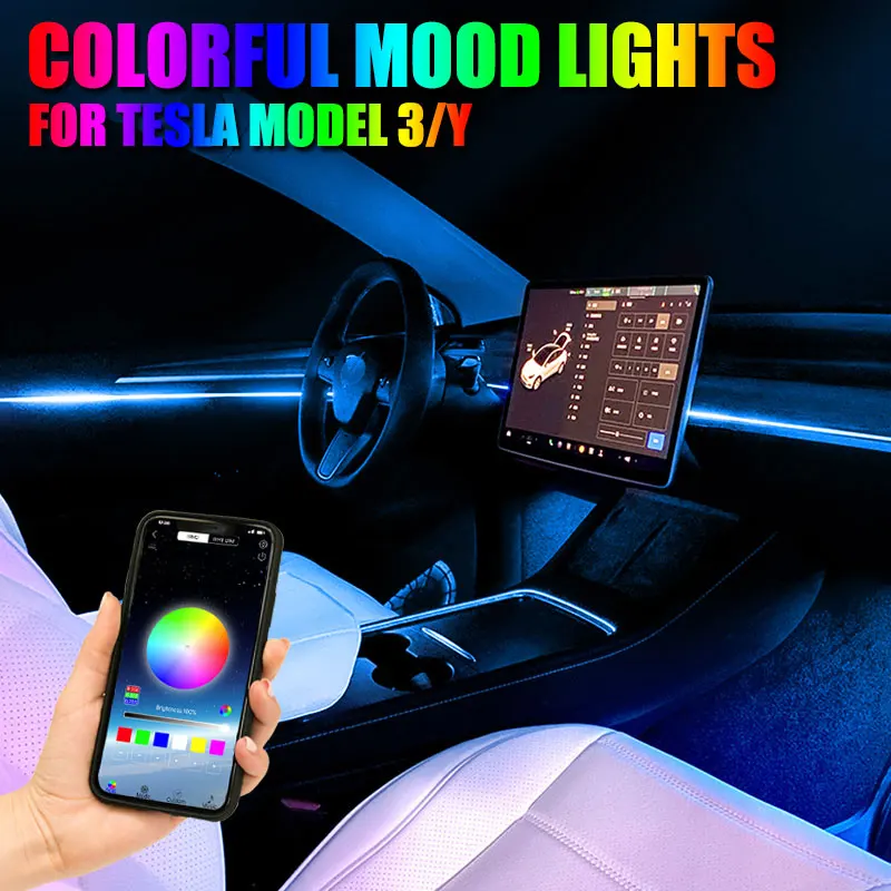 For Tesla Model 3 Y 21-22 Ambient Lights Led Strips Neon Lighting Center  Console Dashboard App Control Interior Car Accessories