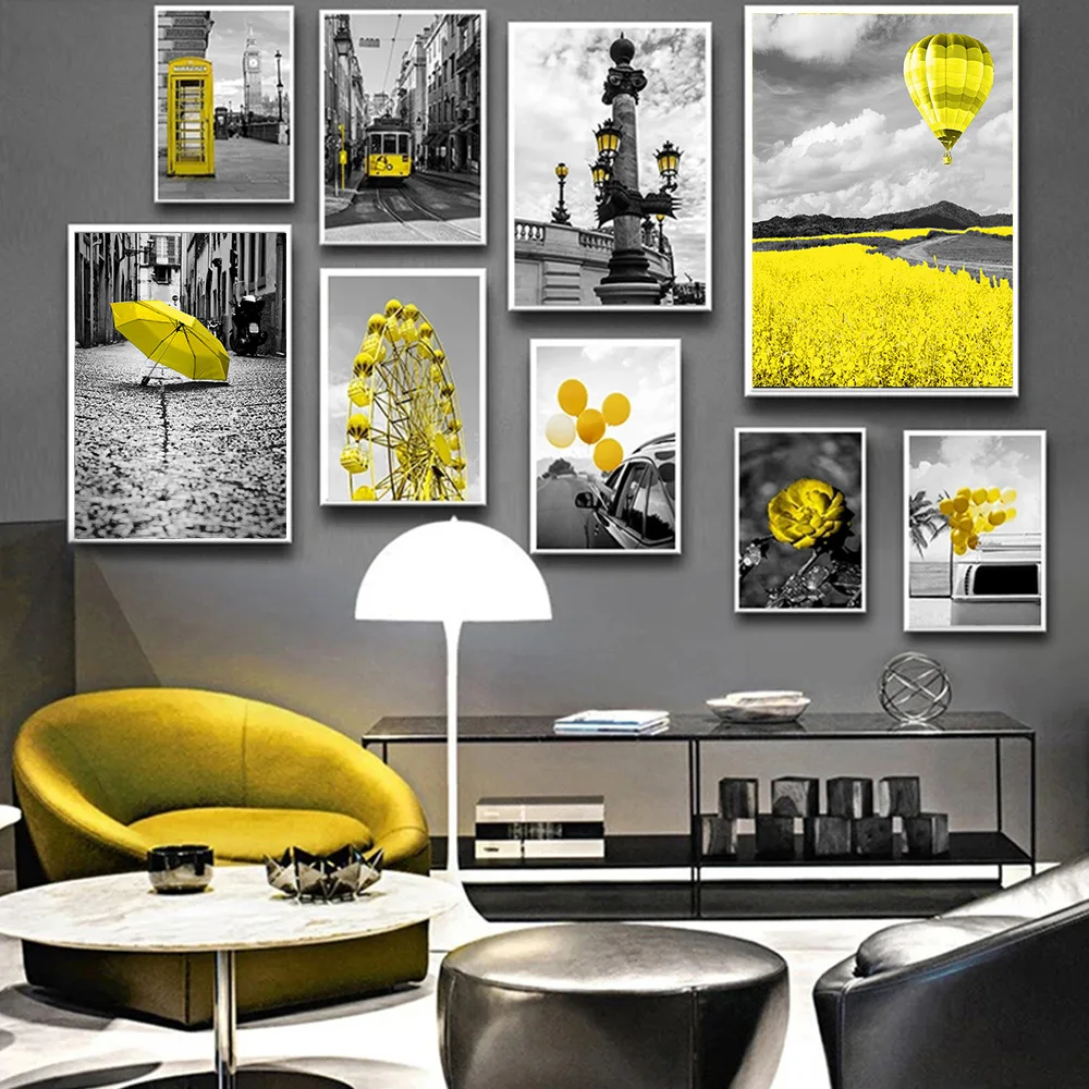 

Black and White Europe Landscape Picture Home Decor Nordic Canvas Painting Wall Art Yellow Scenery Posters for Living Room Decor