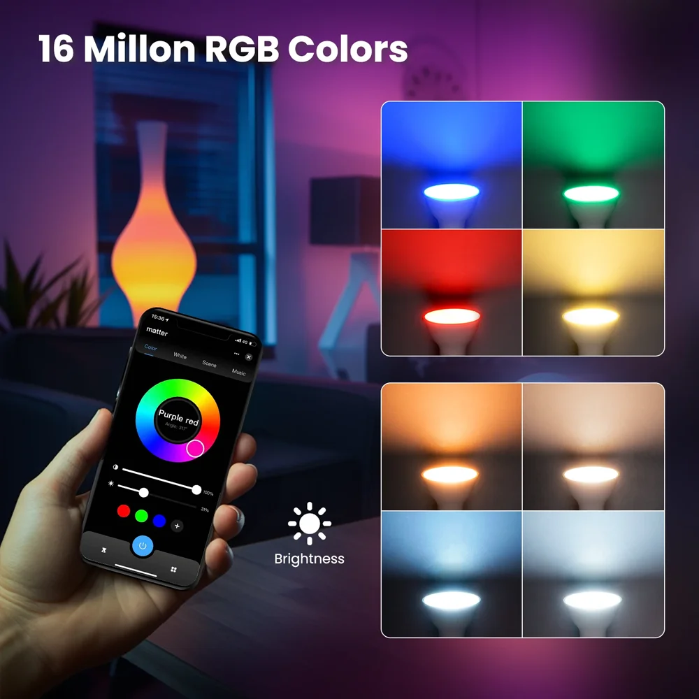 투야 매터 와이파이 16색 RGB C+W 전구 E27 E14 GU10 가정용 조명 디밍 가능 LED 캔들 램프 음성 제어 알렉사 구글 홈