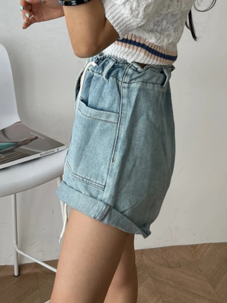 Lace-Up Denim Shorts Summer Women Retro Loose Rolled Blue Denim Shorts Streetwear Female High Waist Button Jeans Shorts Bottoms
