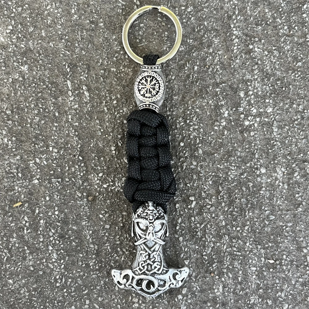 Nostalgia 1Pcs Odin Thor Hammer Mjolnir Jewelry Mens Keychains Viking Beads Amulet Handmade Knife Key Lanyard Keyholder