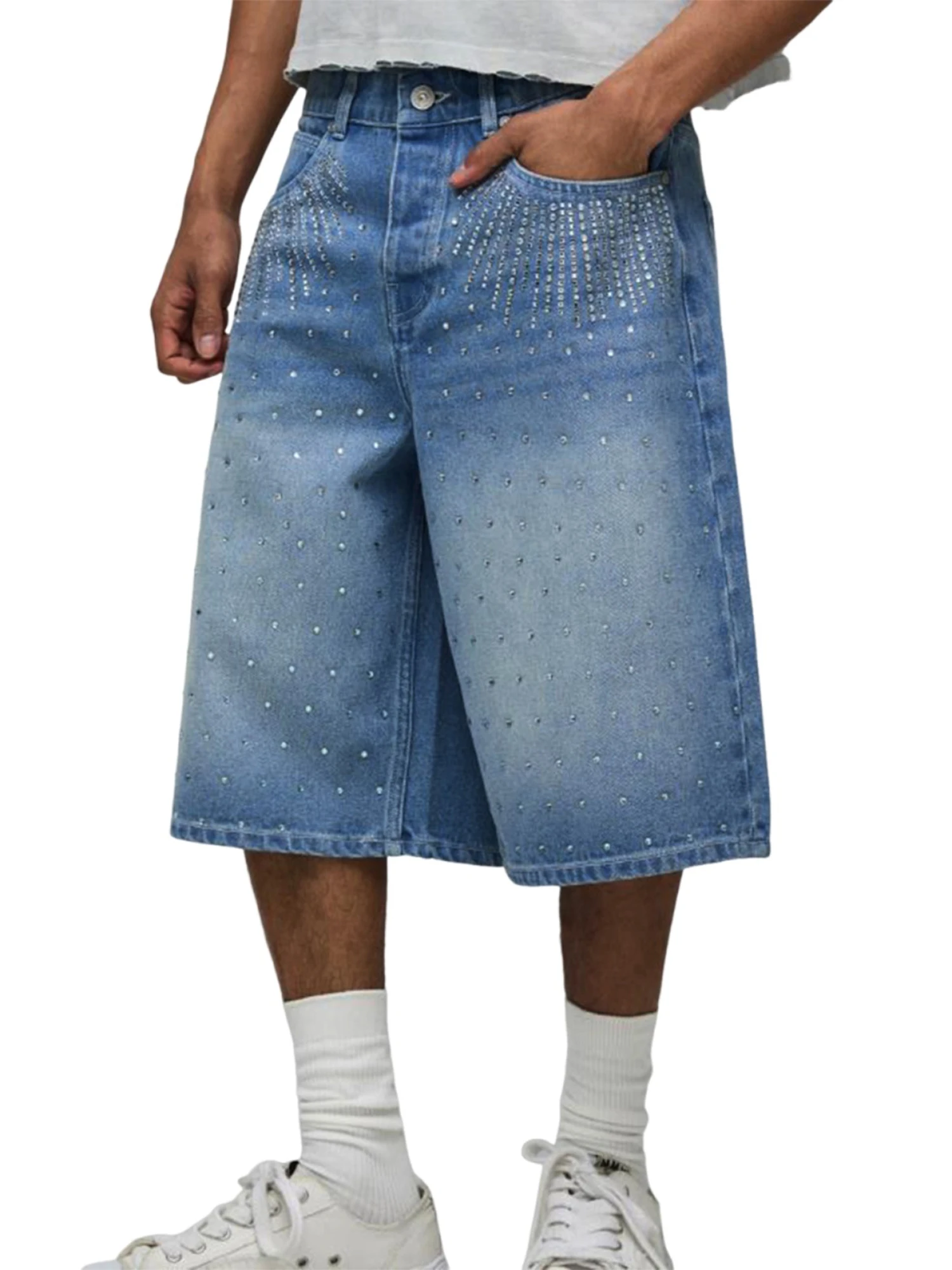 Men s Knee Length Denim Shorts with Distressed Detailing and Frayed Hem Mid Rise Loose Fit Long Jean Shorts Below Knee Cropped