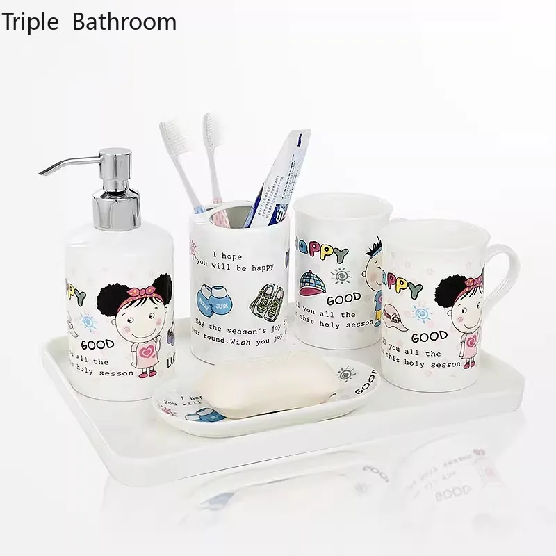 

European style Bath toiletries set Bone porcelain toothbrush holder Ceramic lotion bottle Mouthwash cup bathroom accessories