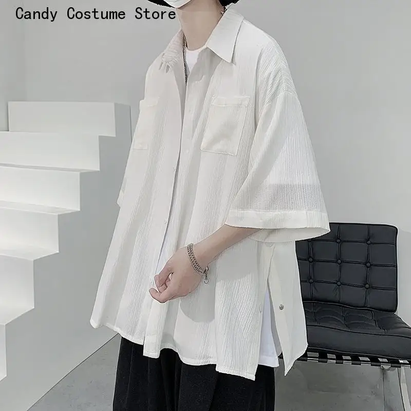 Short Sleeve White Ice Silk Shirt Aesthetic Male Y2k Blouse Men Side Buttons Black Harajuku Pleated Button Up Korean fashion casual style tops incerun mens solid pleated design thin shirts male chiffon micro transparent long sleeved blouse s 5xl