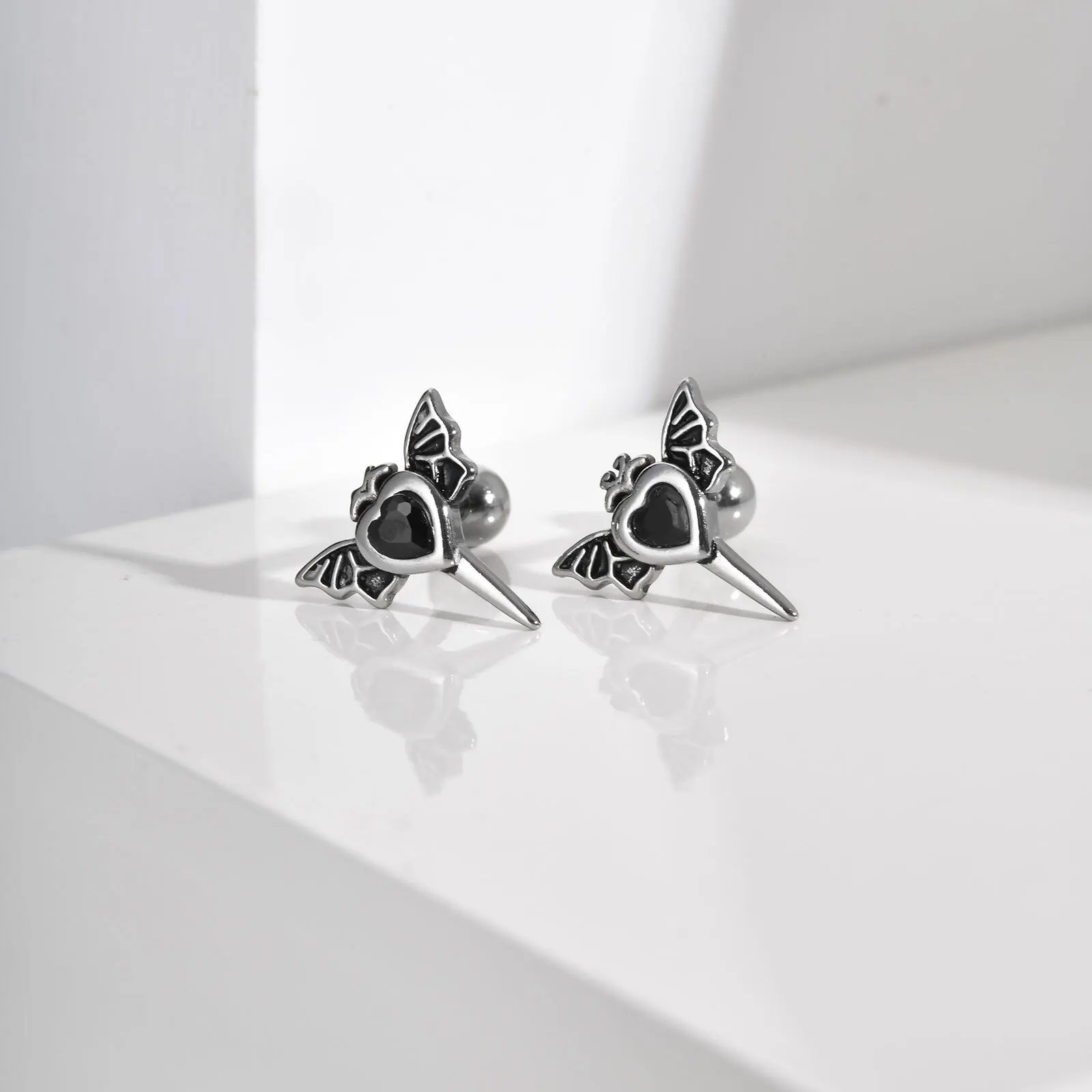 Gothic Wing Stainless Steel Stud Earrings for Men,Anti Allergy Black Heart Crystal Zircon Earring,PUNK Halloween Jewelry Gift