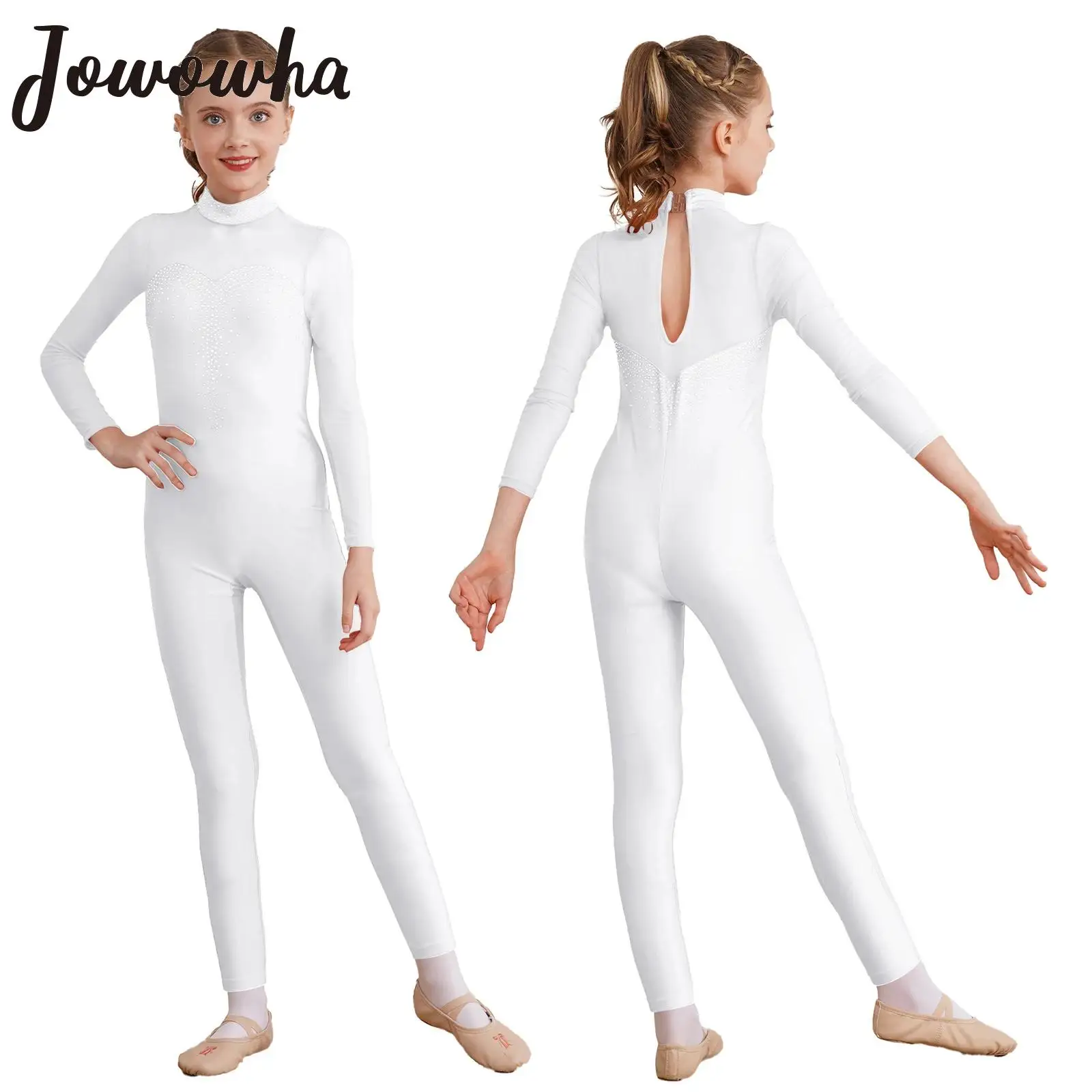 

Kids Girls Figure Skating Bodysuit Long Sleeve Shiny Rhinestone Ballet Dance Gymnastics Acrobatics Performance Jumpsuit Unitard