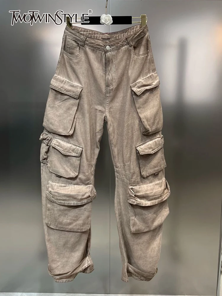 

TWOTWINSTYLE Solid Streetwear Pants For Women High Waist Patchwork Pockets Designer Cargo Pants Female Fashion Style Clothing
