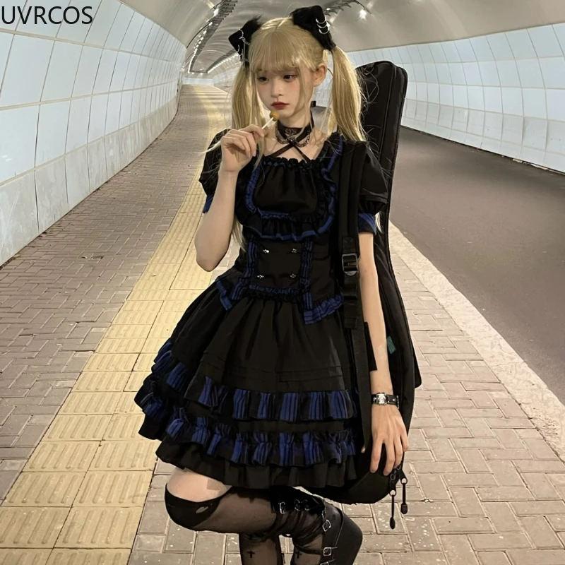 Harajuku Gothic Plaid Lolita Dress Set Women Victorian Lace Crop Tops Ruffles Mini Cake Skirt Kawaii Y2k Cosplay Hot Girls Suit
