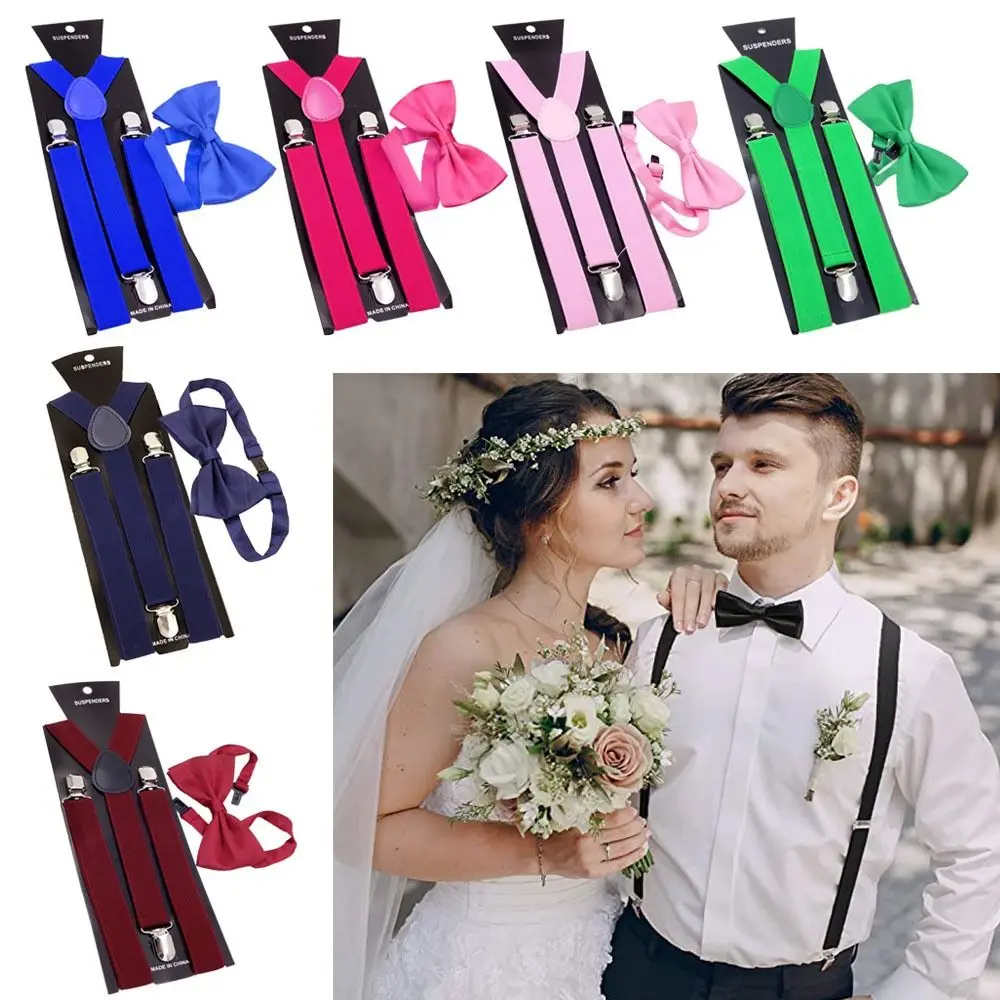 

New Fashion Solid Color Elastic Men Women Unisex Suspenders Bow Ties Set Suspenders Braces Adjustable Straps