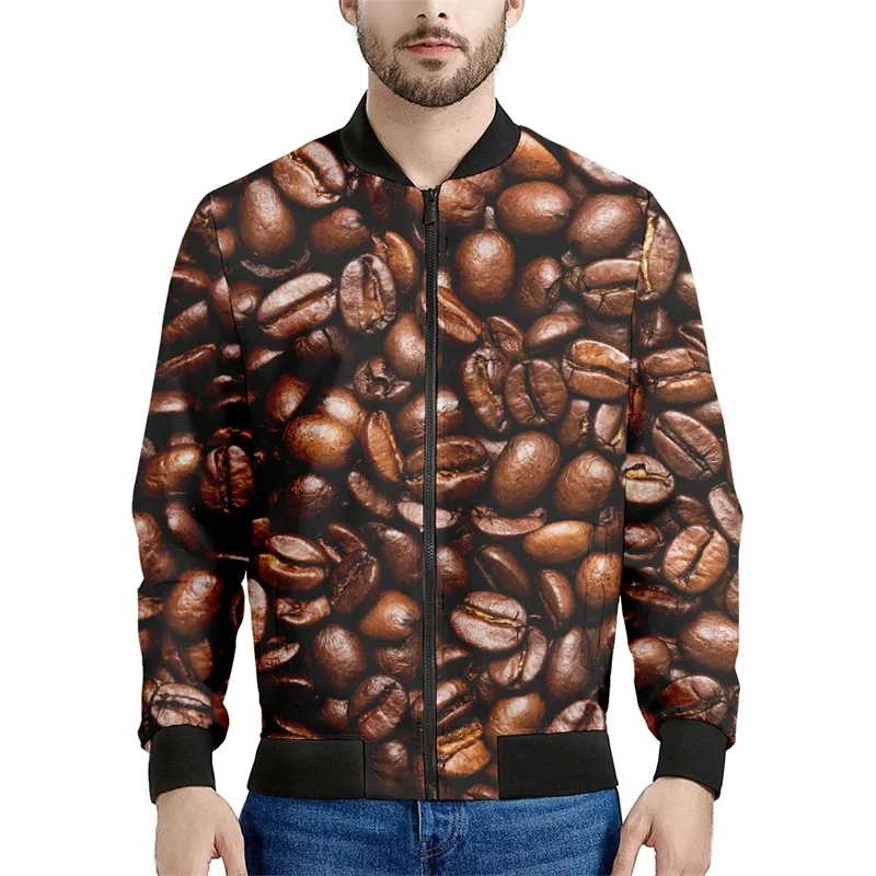 thumbnail image 1 of Chaqueta con estampado de granos de café para hombre, divertida chaqueta con estampado 3D de comida, manga larga, para primavera y otoño, estilo Harajuku, chaqueta con cremallera, abrigo, ropa de call, 1 of 4