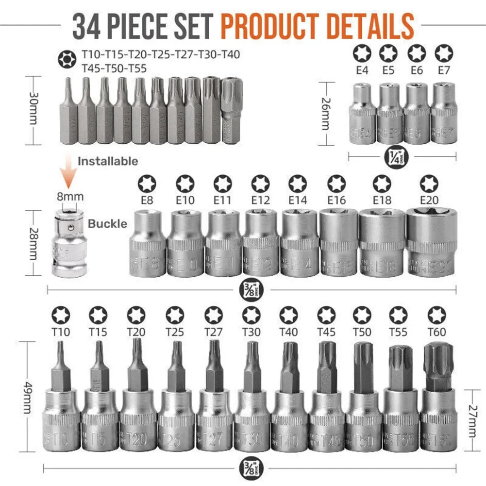 High Quality 34 in 1 Torx Star Socket and Bit Set Male/Female Electronic Safety Drill Driver Handheld Tool Torque Star Socket 5