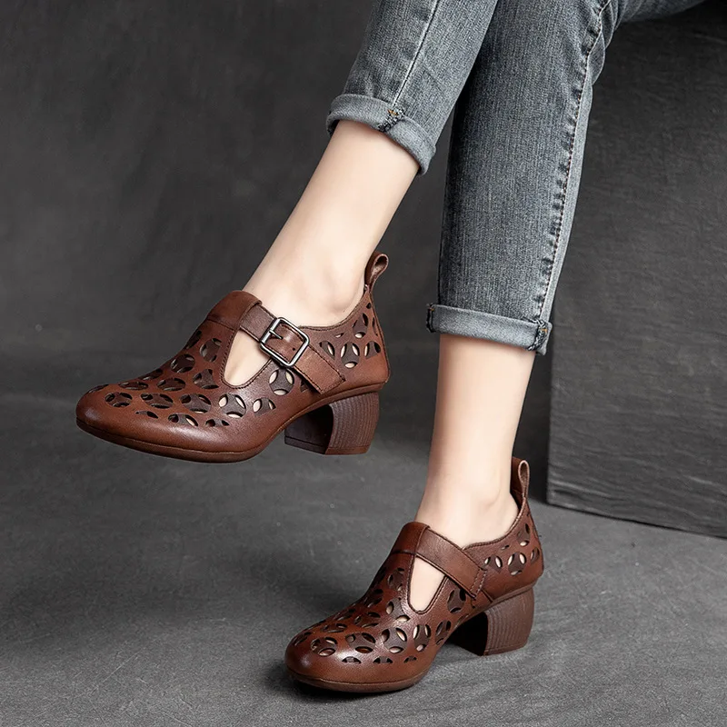 

2022 Spring Summer Retro Thick-heeled Baotou Sandals Women's Comfortable Soft-soled literary style Ladies Genuine Leather shoes