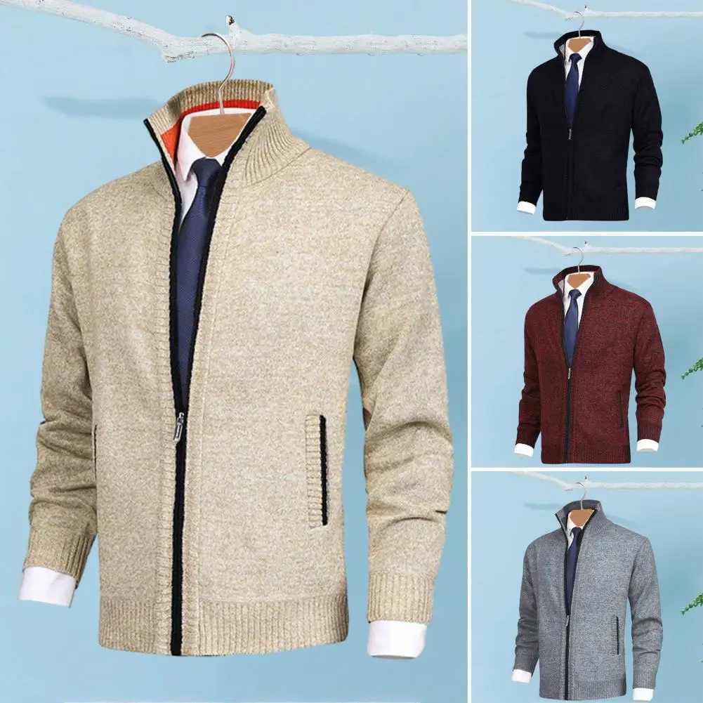 

Comfortable Coat Stylish Men's Knitted Cardigan with Stand Collar Side Pockets Zipper Placket for Autumn Winter Fashion Soft