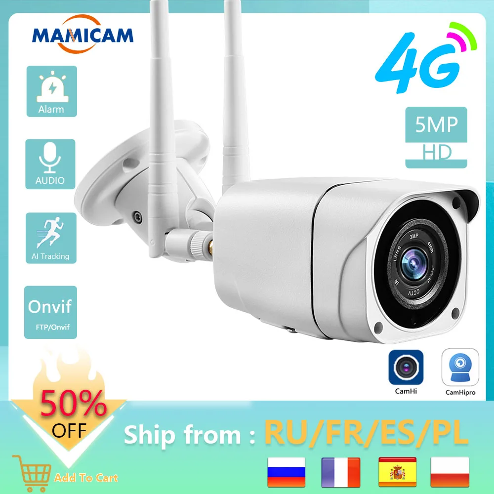 5MP Video Surveillance Camera With Sim Card 4G 3G WIFI Security Protection Outdoor Videcam CCTV Onvif Night Vision IP66 Camhi