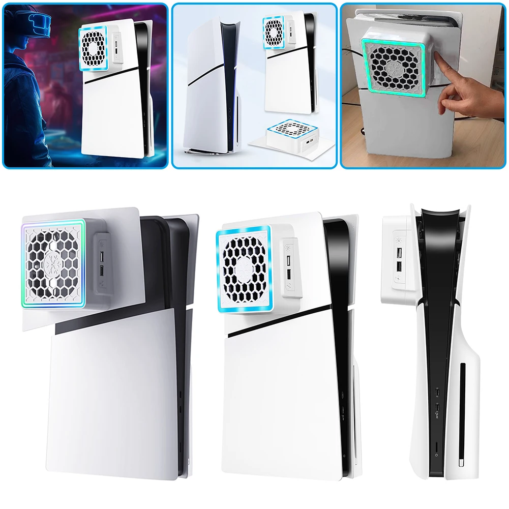 LED 조명 장착 냉각 선풍기, 측면 장착 냉각 선풍기, PS5 슬림 게임 콘솔용, USB 포트 2 개, 5V 2.4A