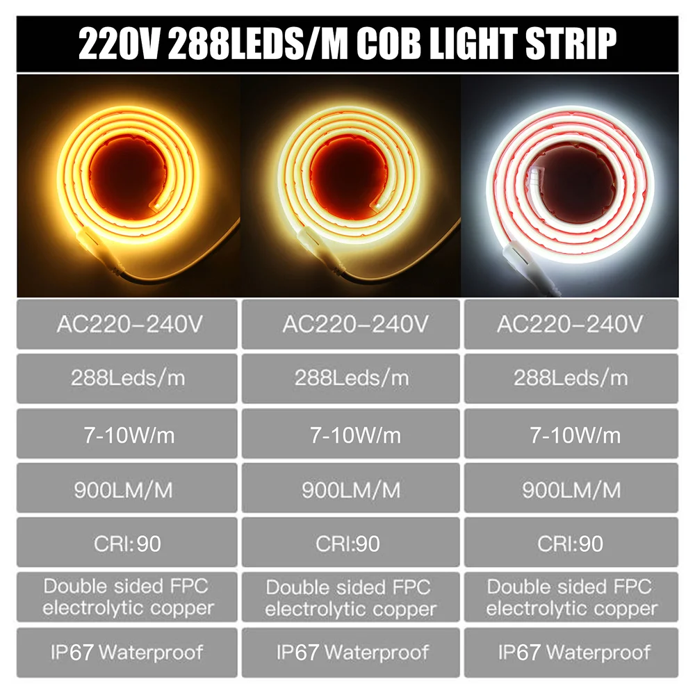 방수 COB LED 스트립 네온 조명, 스위치 전원 키트, 접착 테이프, 288 LED, 유연한 램프, 고밀도 선형 조명, 220V
