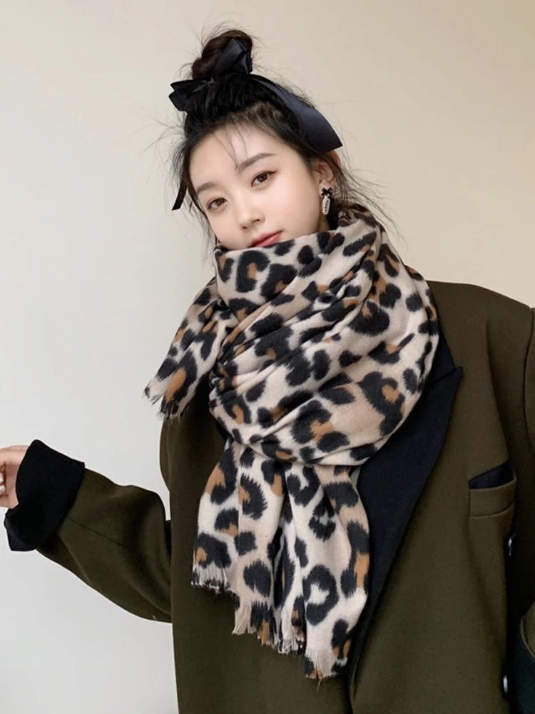 Elegant Imitation Cashmere Women Retro Leopard Print Winter Double Sided Scarf Warm Lady Female Thick Blanket Long Wrap Shawl 2