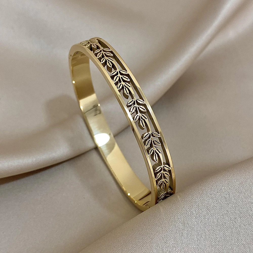 Vintage Ancient Greek Leaves Stainless Steel Bangles Bracelet for Women Fashion Cuff Wrist Waterproof Laurel Leaves Jewelry Gift 2