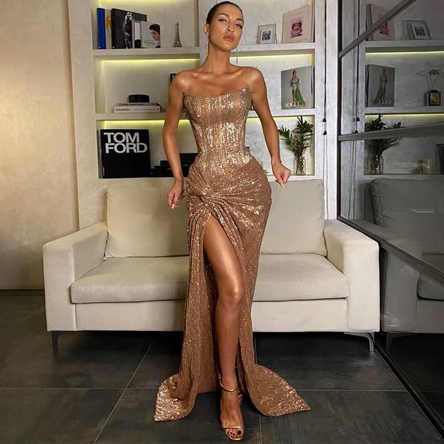 High Slit Strapless Sleeveless Gold Evening Dresses Pleat Sequined Women's  Dress Prom Gowns 2024 Spring Robe De Soirée Femme