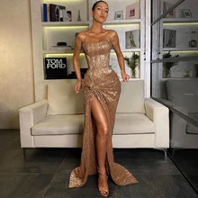 

High Slit Strapless Sleeveless Gold Evening Dresses Pleat Sequined Women's Dress Prom Gowns 2022 Spring Robe De Soirée Femme