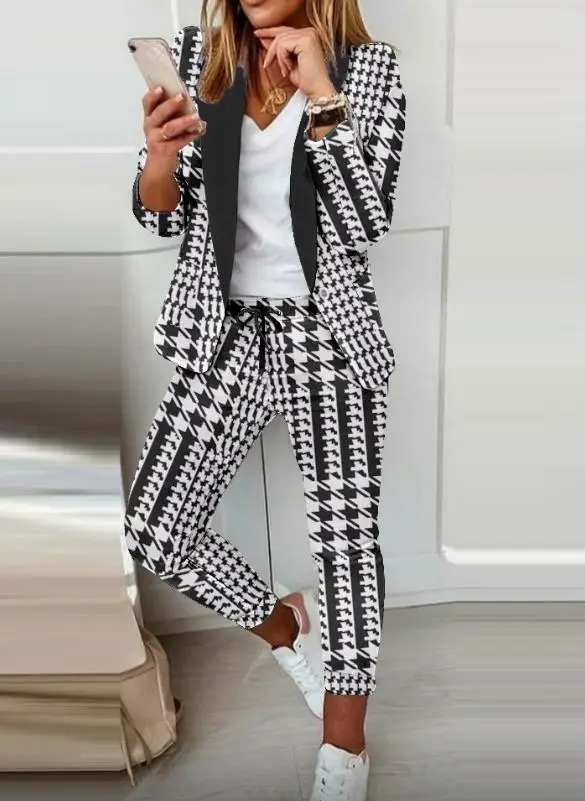 

2023 Autumntwo Piece Sets for Women Houndstooth Print Blazer Coat & Drawstring Pants Tracksuits Casual Elegant Pants Set