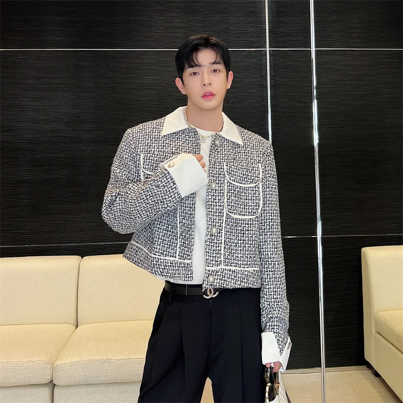 Faionable Knitted ort Jaet Autumn Men's Sle Turn-down Collar Casual Small Fraance Wind Coat Youth  Stand Fit