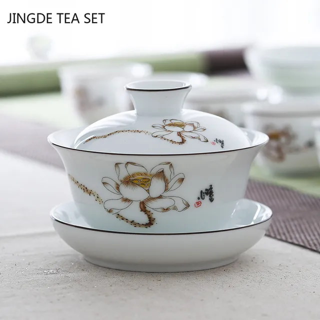 Kínai Kézzel Festett Tea Tál Kiváló Minőségű Fehér Porcelán Gaiwan Hordozható Kerámia -Szett Szertartás Kiegészítők 150 Ml - Image 2