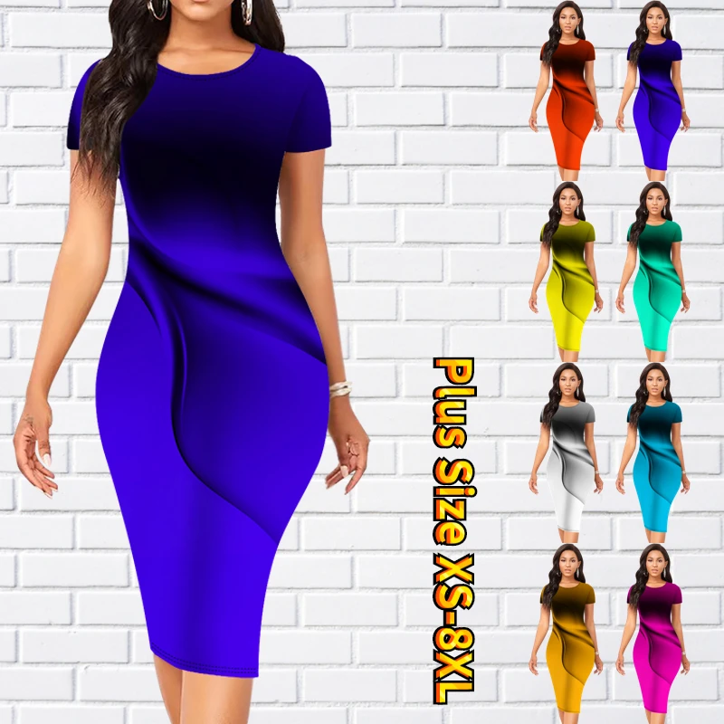 

Summer Fashion Slim Skirt Women New Design Printing Tight Skirt Vintage Knee-length Skirt Round Neck Sexy Short Sleeve Skirt