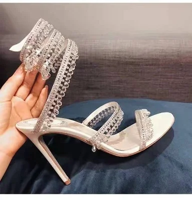 

Rhinestone Snake-shaped Winding Fashion Sandals Women's 2022 New One Word With Crystal Pendant High Heels Stiletto Fairy Wind