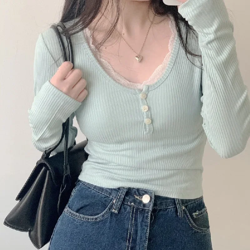 

Y2K Lace Trim Patchwork Button Knitted Crop Top Cute Long Sleeve V Neck T-Shirt Korean Chic Harajuku Pullovers Autumn Winter