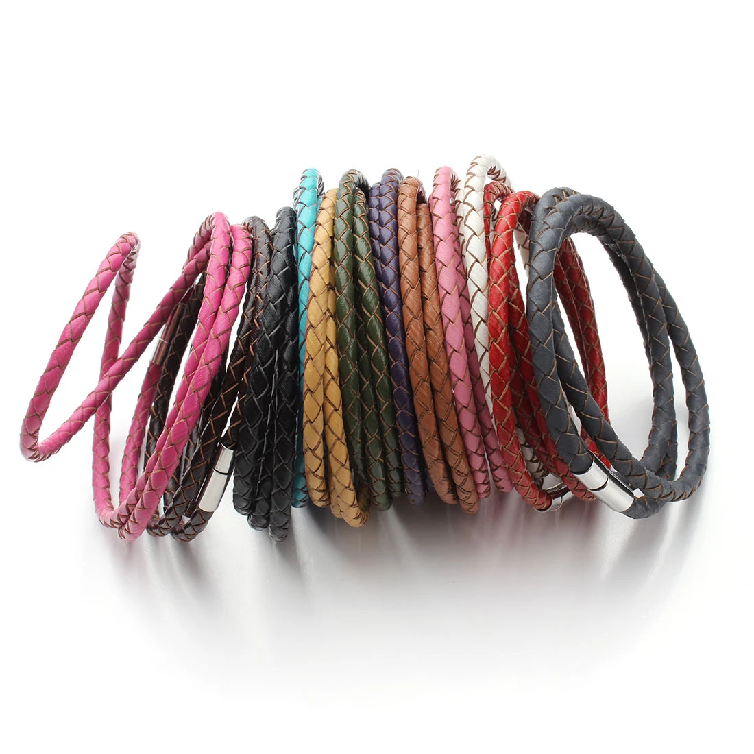 1Strand Wide 4mm Genuine Braided Leather Bracelet bracelet jewelry Three Circles Magnetic Clasps Charm Bangle For Men Women jewelry Gifts