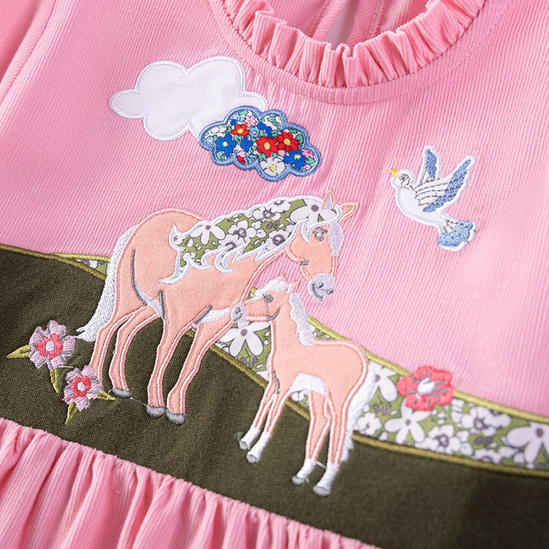 Little maven Summer Children's Clothing Baby Girl Cartoon Unicorns Embroidered Princess Dresses Kids Clothes Corduroy Pink Dress