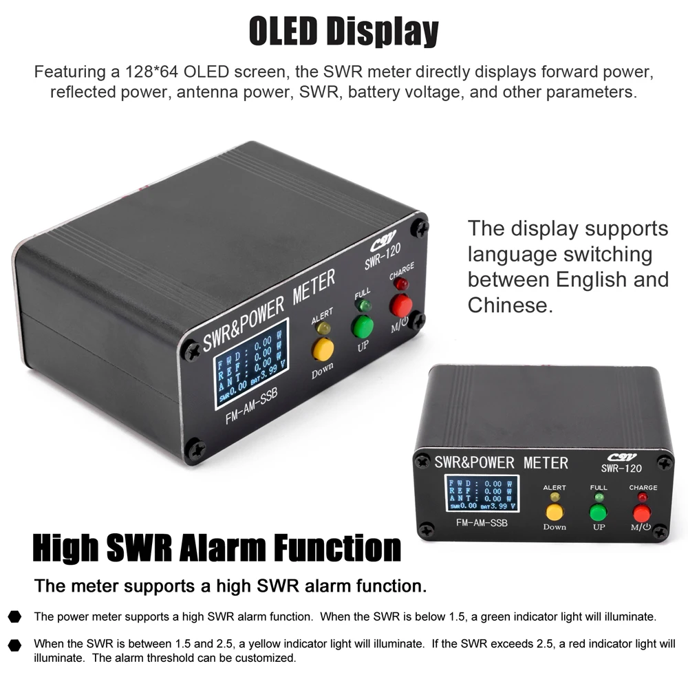 120W SWR Digital Power Standing Wave Meter 1.8-54MHz Shortwave Meter FM AM SSB Modes Power Support SWR/Power Adjustable power meter
