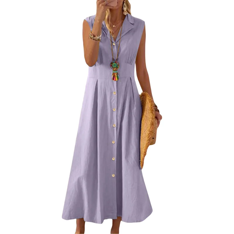 Beach Dress Women Solid Color Turn Down Collar Single Breasted Sleeveless A Line Long Dresses Vacation Party Dresses
